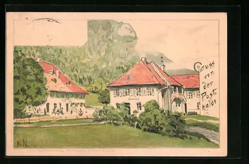 Künstler-AK Höllental, Gasthof vor Berghang