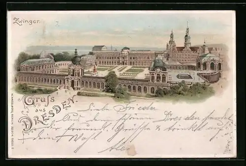 Lithographie Dresden, Blick auf den Zwinger mit Gartenanlagen