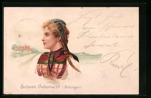 Lithographie Betzingen, Frau in schwäb. Volkstracht