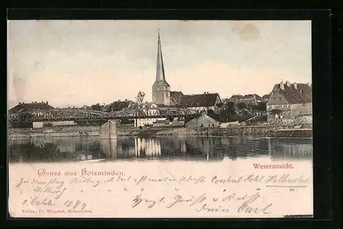 AK Holzminden, Weser mit Brücke und Ortsansicht