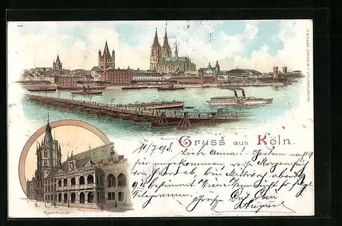Lithographie Köln, Rathaus, Panorama mit Dom