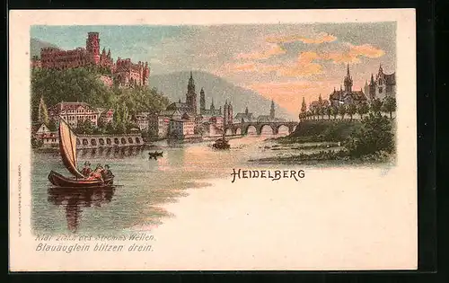 Lithographie Heidelberg, Rheinpartie mit Burg