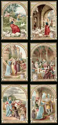 6 Sammelbilder Liebig, Serie Nr. 783: Die Gänsemagd, Märchen, Mittelalter, Burg, König