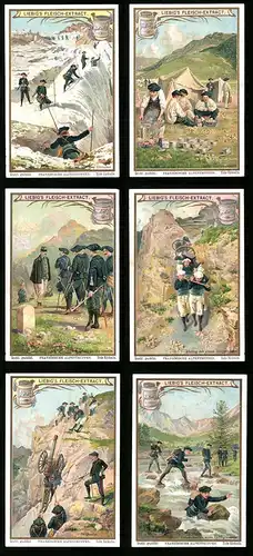 6 Sammelbilder Liebig, Serie Nr. 738: Französische Alpentruppen, Alpenjäger, Grenze, Gletscher