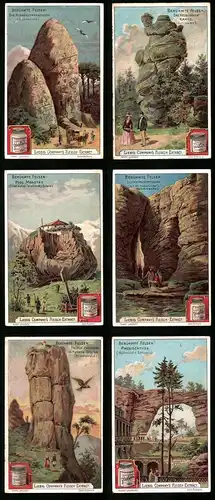 6 Sammelbilder Liebig, Serie Nr. 710: Berühmte Felsen, Prebischthor, Bloc Monstre, Felsen Zachloru