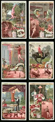6 Sammelbilder Liebig, Serie Nr. 577: Specialitäten-Theater, Jongleur, Dressur, Kunstschütze