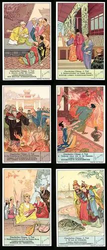 6 Sammelbilder Liebig, Serie Nr. 1275: Geschichte Chinas, Schildkröte, Musikunterricht, Konfuzius