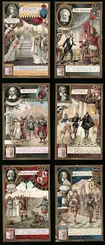 6 Sammelbilder Liebig, Serie Nr. 871: Berühmte Tragödien, Wallenstein, Shakespeare, Ibsen, Schiller