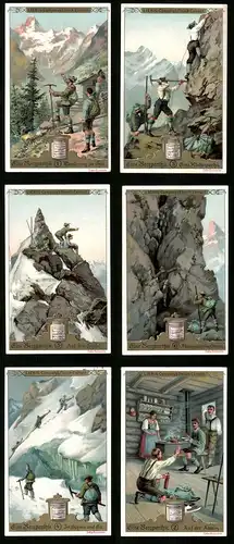 6 Sammelbilder Liebig, Serie Nr. 517: Eine Bergparthie, Bergsteiger, Wanderung, Kamin