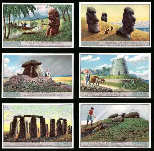 6 Sammelbilder Liebig, Serie Nr. 1249: Vorgeschichtliche Baudenkmäler, Osterinsel, Stonehenge, Karleby