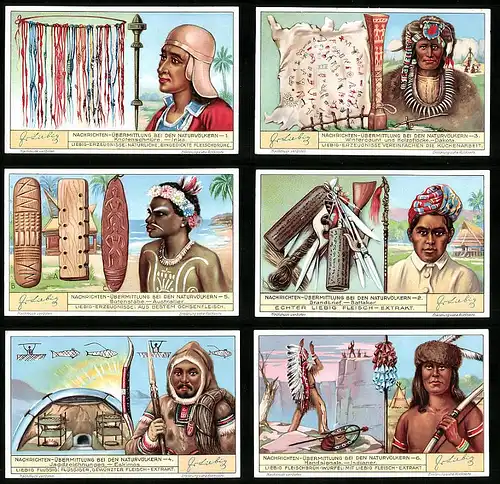 6 Sammelbilder Liebig, Serie Nr. 1266: Nachrichtenübermittlung bei den Naturvölkern, Dakota, Battaker, Indianer