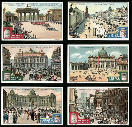 6 Sammelbilder Liebig, Serie Nr. 806: Grosstadtleben, London, St. Petersburg, Berlin