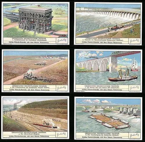 6 Sammelbilder Liebig, Serie Nr. 1319: Grosstaten neuzeitlicher Technik, Dnjeprostroy, Zuider-See, Schiffshebewerk