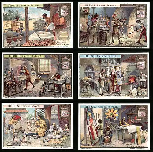 6 Sammelbilder Liebig, Serie Nr. 816: Feuerarbeit im Kunstgewerbe, Glasbläserei, Keramik, Töpfern