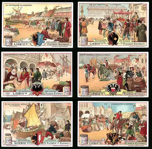 6 Sammelbilder Liebig, Serie Nr. 815: Der Hansa, Wittenlager, Brügge, London