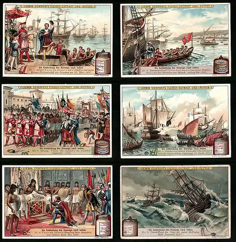 6 Sammelbilder Liebig, Serie Nr. 524: Die Entdeckung des Seewegs nach Indien, Vasco da Gama, Segelschiff, Lissabon