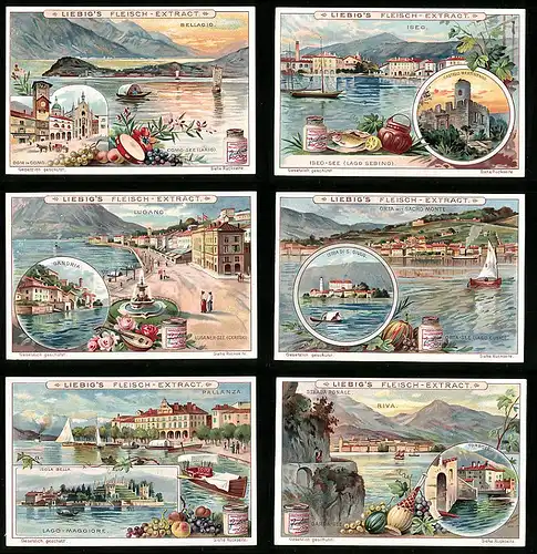 6 Sammelbilder Liebig, Serie Nr. 785: Italienische Seen, Lago di Garda, Lago Maggiore, Lugano