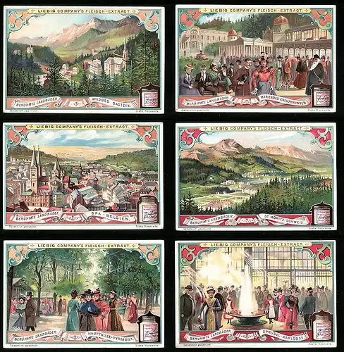 6 Sammelbilder Liebig, Serie Nr. 694: Berühmte Landbäder, Karlsbad, Pyrmont, Spa, Wildbad gastein