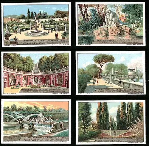 6 Sammelbilder Liebig, Serie Nr. 1240: Italienische Gärten, Pratolino, Frascati, Bagnaia