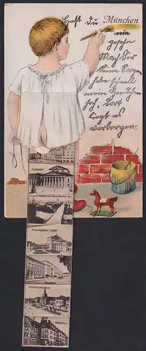 Leporello-AK München, Kleiner Maler mit Ansichten unterm Hemdchen, Frauenkirche, Rathaus, Residenz
