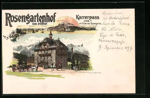 Lithographie Karersee /Karerpass, Hotel Rosengartenhof am Fusse des Rosengartens