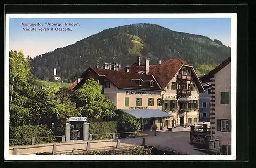 AK Monguelfo, Gasthaus Albergo Riedler, Veduta verso il Castello