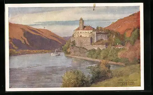 Künstler-AK Rudolf Schmidt: Schönbühel, Schloss mit Dampfer auf der Donau