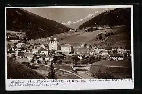 Foto-AK Fritz Gratl: Steinach, Ortsansicht mit der Brennerbahn