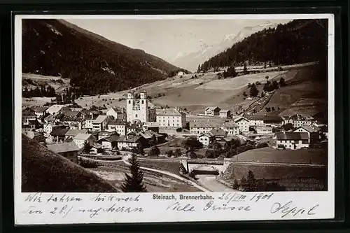 Foto-AK Fritz Gratl: Steinach, Ortsansicht mit der Brennerbahn