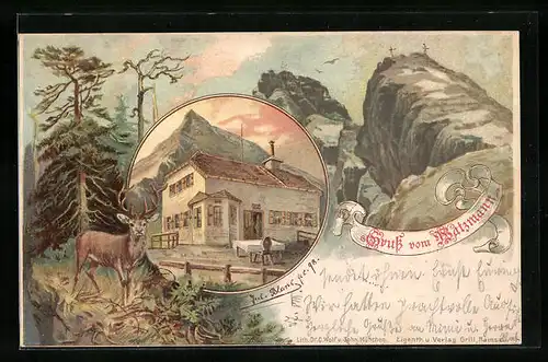 Lithographie Watzmannhaus, Berghütte mit Gebirgspanorama, Rothirsch