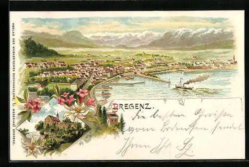 Lithographie Bregenz, Kirche, Panorama mit Gebirge