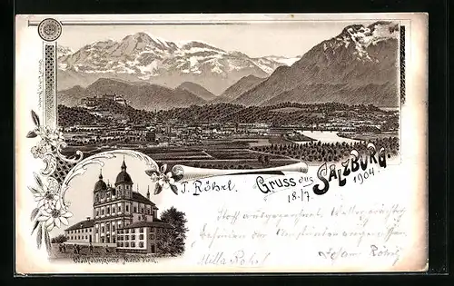 Lithographie Salzburg, Ortspanorama und Wallfahrtskirche Maria Plain