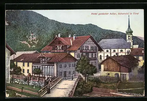 AK Tirol, Hotel goldener Adler vor bewaldetem Berg