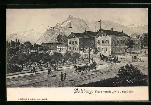 AK Salzburg, Strassenkreuzung vor Kuranstalt Kreuzbrückel