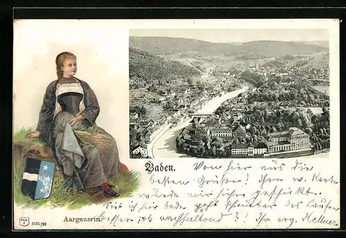 Präge-AK Baden, Ortsansicht aus der Vogelschau und Aargauerin
