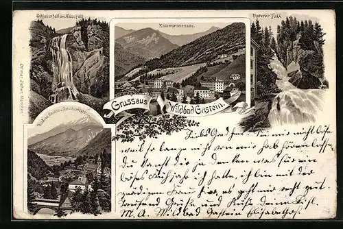 Lithographie Badgastein, Schleierfall im Nassfeld, Kaiserpromenade, Wildbad Gastein u. Gamskarkogel