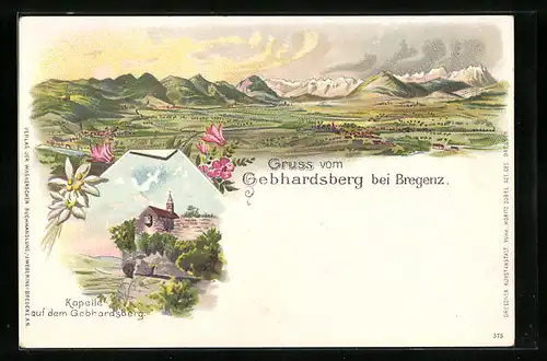 Lithographie Bregenz, Kapelle auf dem Gebhardsberg, Bergpanorama