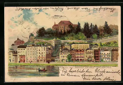 Lithographie Salzburg, Ausblick vom Gast- und Brauhaus Zur Hölle