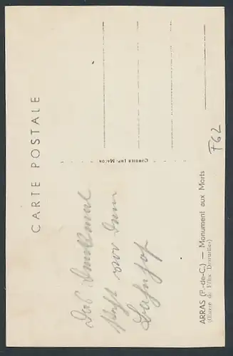 AK Arras, Monument aux Morts