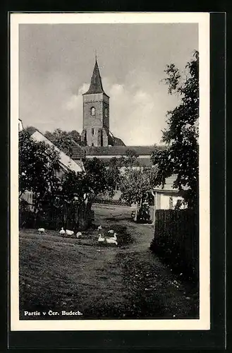 AK Cerné Budy, Ortspartie mit Kirche