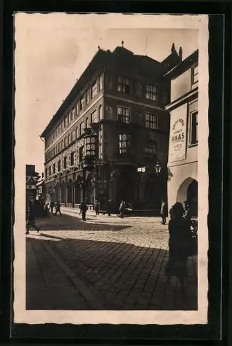 AK Budweis, Stadthaus an der Ecke zur Drogerie Josef Haas