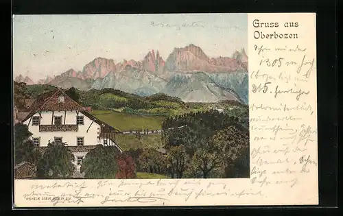 AK Oberbozen, Wohnhaus vor dem Gebirge