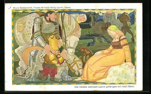 Künstler-AK Bozen, Hotel König Laurin, Die Helden nehmen Laurin gefangen mit nach Bern