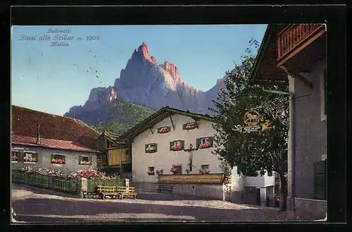 AK Siusi allo Sciliar, Motivo, Gasthaus mit Alpenglühen