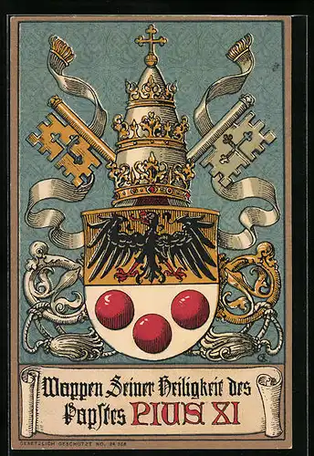 AK Seine Heiligkeit Papst Pius XI., Wappen mit Schlüssel und Insignien