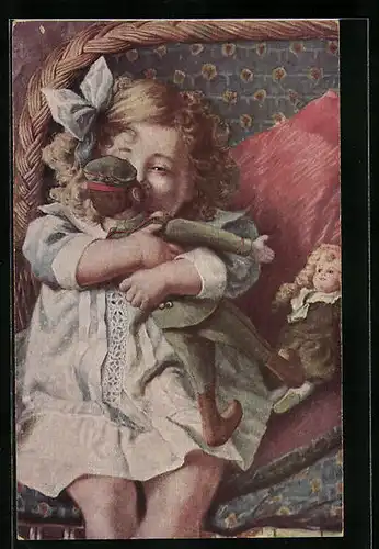 Künstler-AK Erste Liebe, das Mädchen mit der Lieblingspuppe