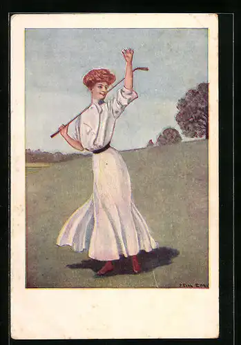 Künstler-AK Frau im weissen Kleid auf dem Golfplatz