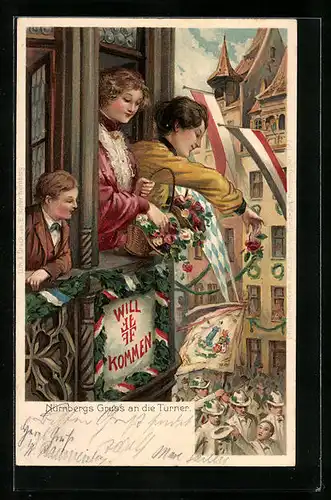 Lithographie Nürnberg, Anwohner grüssen die Turner beim Marsch durch die Stadt, bayrische und Reichsflagge