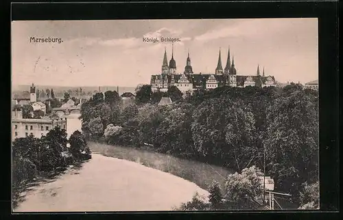 AK Merseburg, Partie am Saaleufer mit Blick zum königlichen Schloss