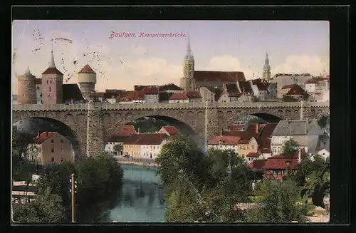 AK Bautzen, Blick auf die Kronprinzenbrücke vor der Stadt